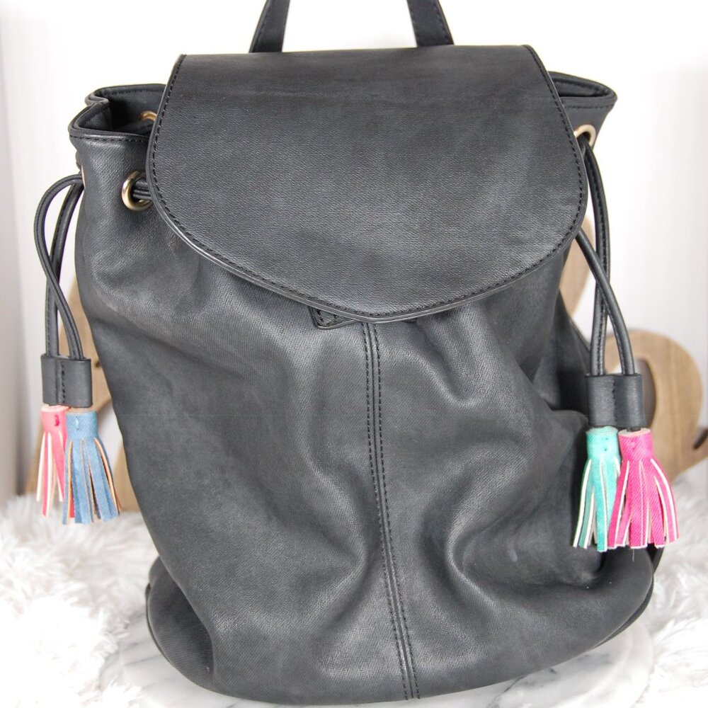 Mix No 6 Black Faux Leather Tasseled Backpack EUC Travel